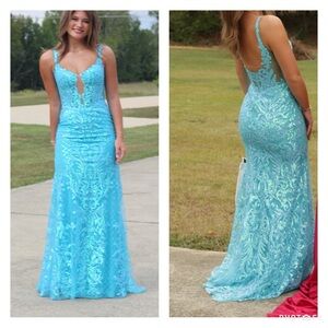 Elegant Blue Lace and Sequin Evening Gown